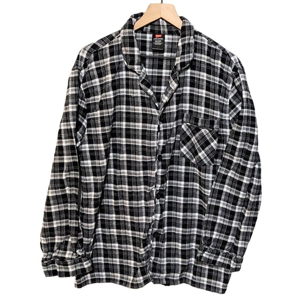 Hanes Shirt Mens L Black Plaid Flannel Pajama Lounge Button Up Long Sleeve Sleep